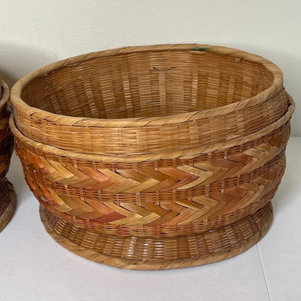 Vintage Woven Bamboo Rattan Round Storage Baskets Planters 2 Brown Boho Natural